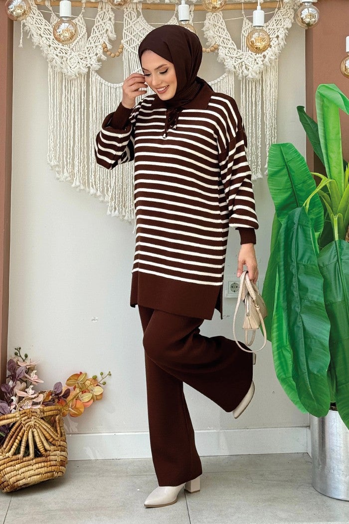 Bym Fashion Collar Tie Detailed Tunic and Trousers Two Piece Knitwear Set 2-1515 Brown  - Image 3