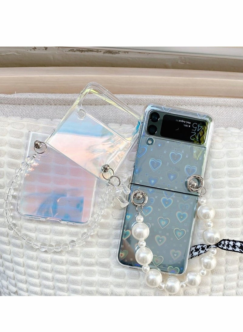 Excefore For Samsung Galaxy Z Flip 3 Cute Case, Luxury Clear Laser Glitter Bling Heart with Pearl Chain Bracelet Wrist Strap for Women Girls Slim Shockproof Hard PC Cover for Samsung Galaxy Z Flip 3 5G  - Image 4