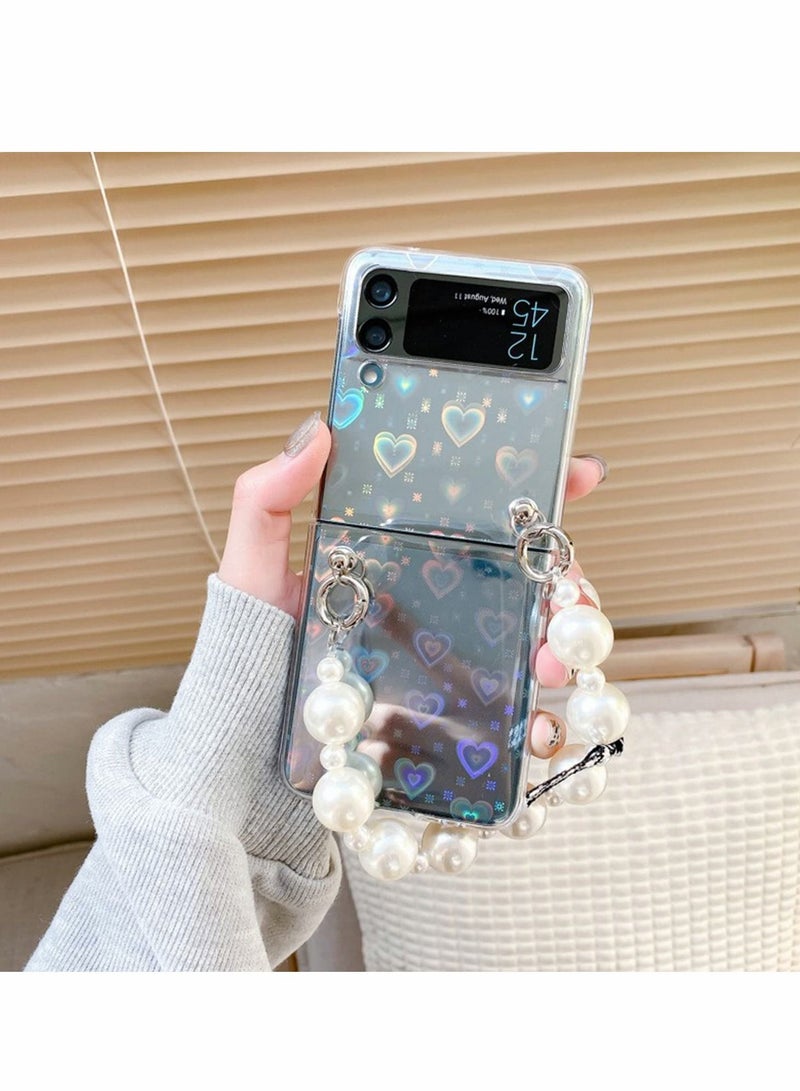 Excefore For Samsung Galaxy Z Flip 3 Cute Case, Luxury Clear Laser Glitter Bling Heart with Pearl Chain Bracelet Wrist Strap for Women Girls Slim Shockproof Hard PC Cover for Samsung Galaxy Z Flip 3 5G  - Image 2