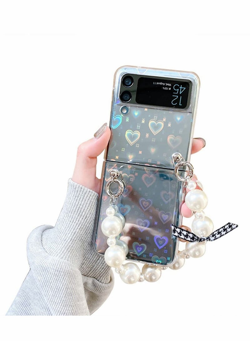 Excefore For Samsung Galaxy Z Flip 3 Cute Case, Luxury Clear Laser Glitter Bling Heart with Pearl Chain Bracelet Wrist Strap for Women Girls Slim Shockproof Hard PC Cover for Samsung Galaxy Z Flip 3 5G  - Image 1
