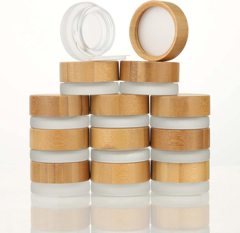 COSIDEA 18pcs Empty 1.7 OZ/50 ML Round Clear Glass Jars with Bamboo lids, Wooden Cream Jar Refillable Cosmetic Travel Containers for Lip Balm, Ointments, Lotion Packing (Frosted, 5g)
