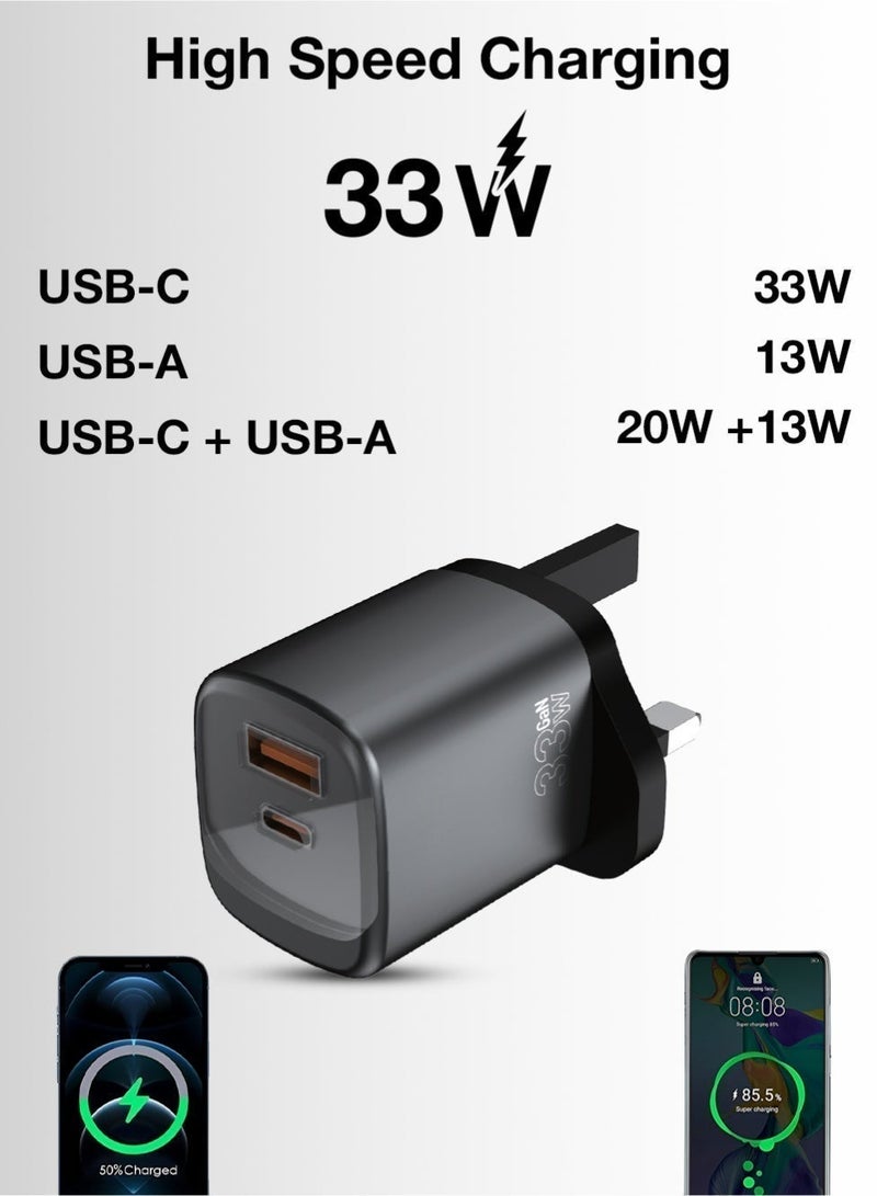glassology 33W USB-C GaN Fast Charger, 2-Port Wall Charger (Type-C + USB-A), Compatible with All iPhone Models, iPad, Galaxy Series, Free Type-C to Type-C Cable Included - Image 4