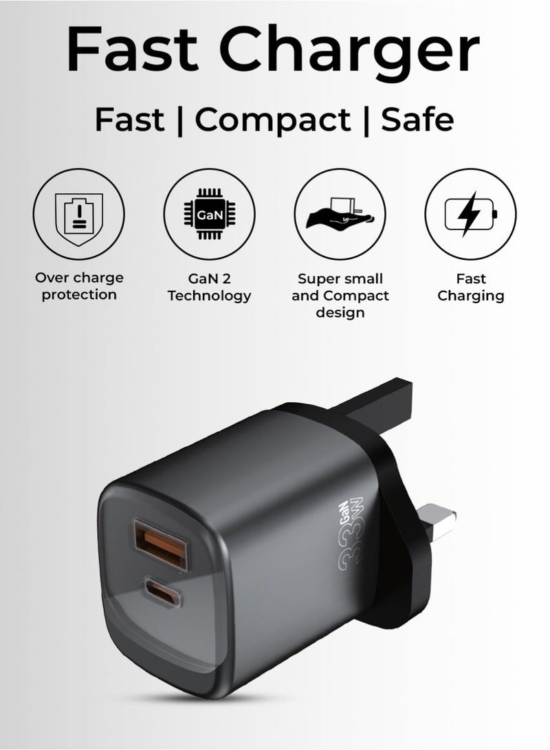 glassology 33W USB-C GaN Fast Charger, 2-Port Wall Charger (Type-C + USB-A), Compatible with All iPhone Models, iPad, Galaxy Series, Free Type-C to Type-C Cable Included - Image 2