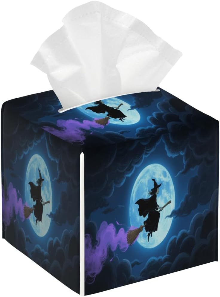 Halloween Witch Flight PU Leather Square Tissue Box Cover - Colorful Decorative Holder for Car, Bathroom, Bedroom & Desk - Image 1