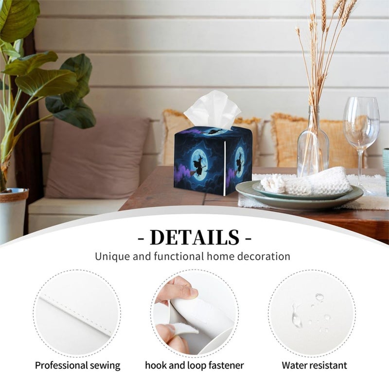 Halloween Witch Flight PU Leather Square Tissue Box Cover - Colorful Decorative Holder for Car, Bathroom, Bedroom & Desk - Image 3