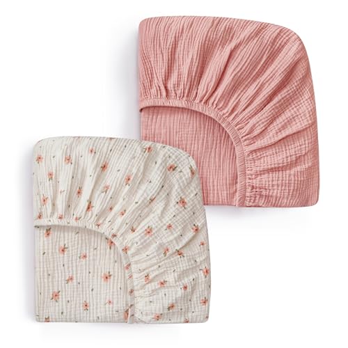 Blissful Diary Muslin Crib Sheets for Girl Boy Boho Neutral Soft Cotton Baby Sheet for 52x28 Standard Crib Mattress 2 PackPink FloralLight Pink - Image 1