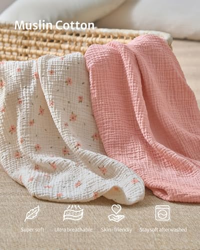 Blissful Diary Muslin Crib Sheets for Girl Boy Boho Neutral Soft Cotton Baby Sheet for 52x28 Standard Crib Mattress 2 PackPink FloralLight Pink - Image 3