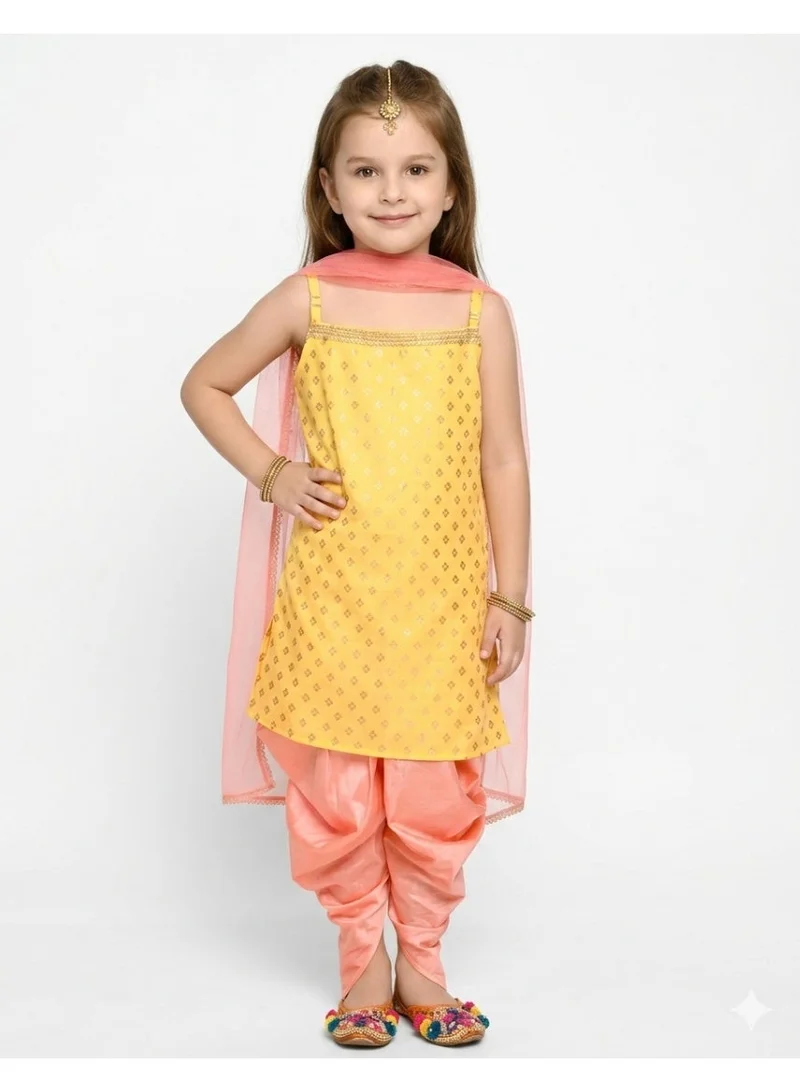 Saka Designs Girls Yellow Embroidered Kurta with Churidar and Dupatta