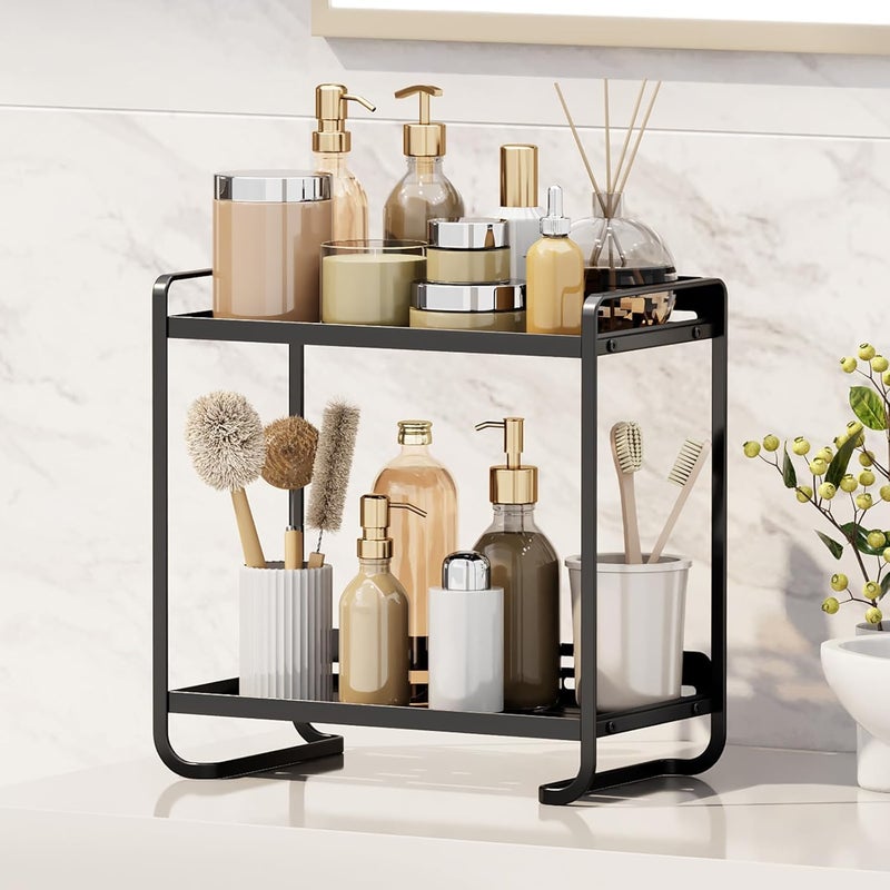 Ndola Ndola Makeup Organiser for Vanity 2 Tier Bathroom Countertop Organizer Skincare Cosmetic Storage Shelf Metal Perfume Organizer for Bedroom Dresser Black Square  - Image 1