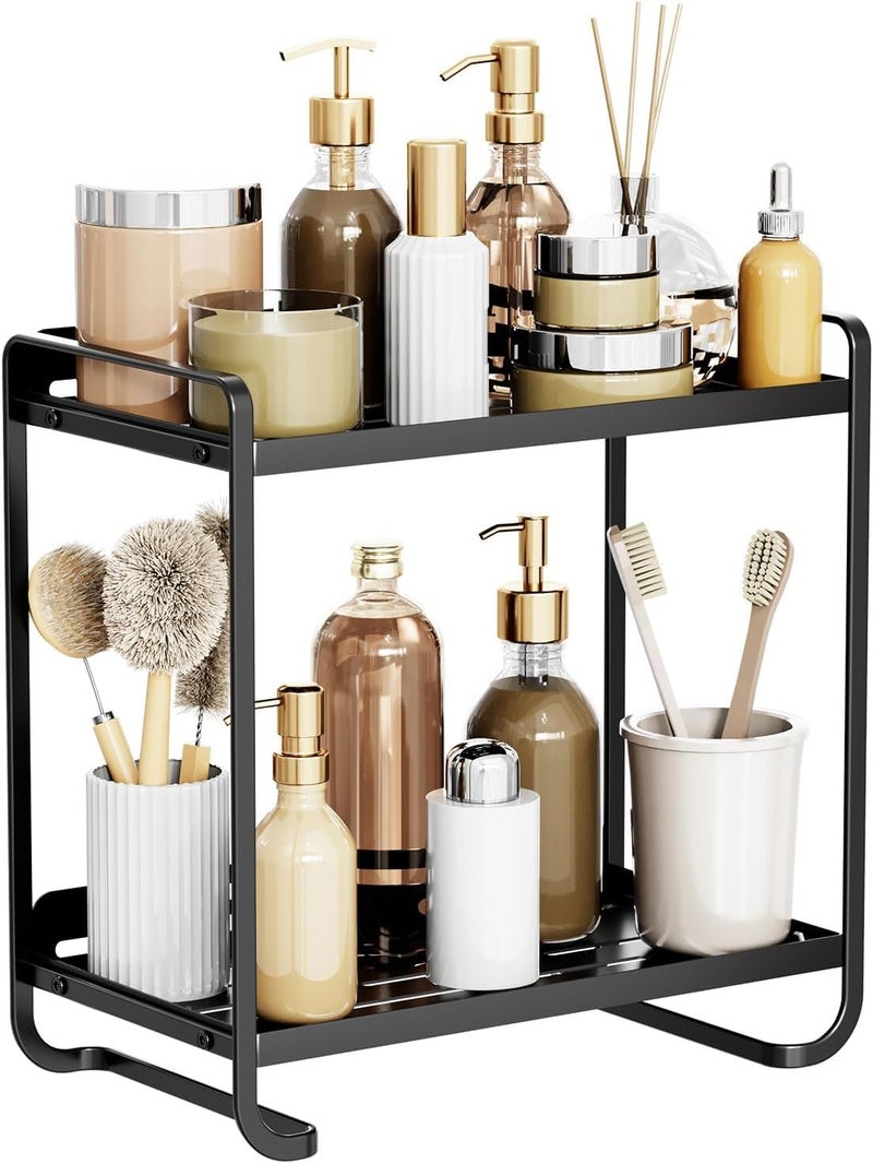 Ndola Ndola Makeup Organiser for Vanity 2 Tier Bathroom Countertop Organizer Skincare Cosmetic Storage Shelf Metal Perfume Organizer for Bedroom Dresser Black Square  - Image 3