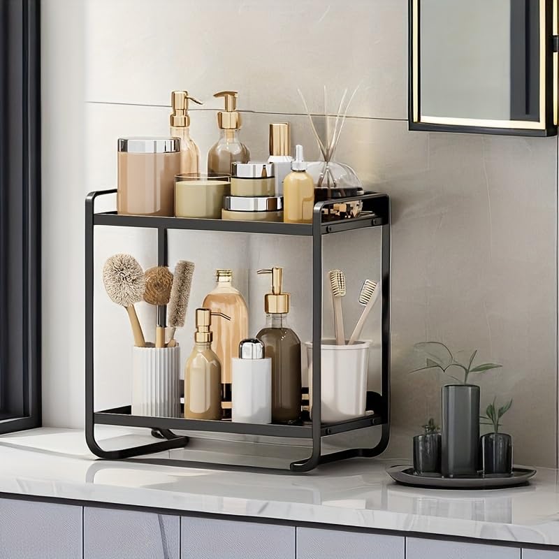 Ndola Ndola Makeup Organiser for Vanity 2 Tier Bathroom Countertop Organizer Skincare Cosmetic Storage Shelf Metal Perfume Organizer for Bedroom Dresser Black Square  - Image 4