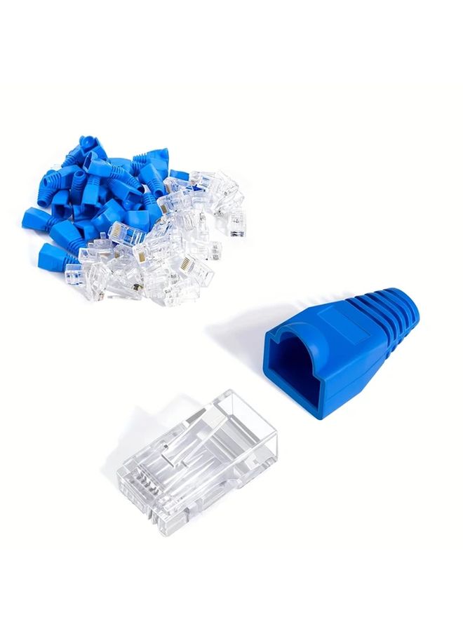 Blue RJ45 Pass Through Connectors 50pcs with Strain Relief Boots for Ethernet Cables - Image 1