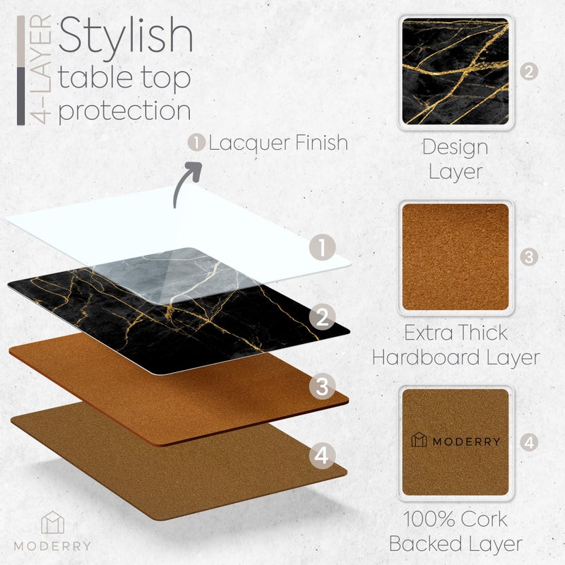 Moderry Set of 4 Heat Resistant Cork Placemats for Dining Table with Free Set of 4 Matching Drink Coasters Marble Design 16 x 12 Inches Cork Backed Hard Placemats (Black & Gold) - Image 3