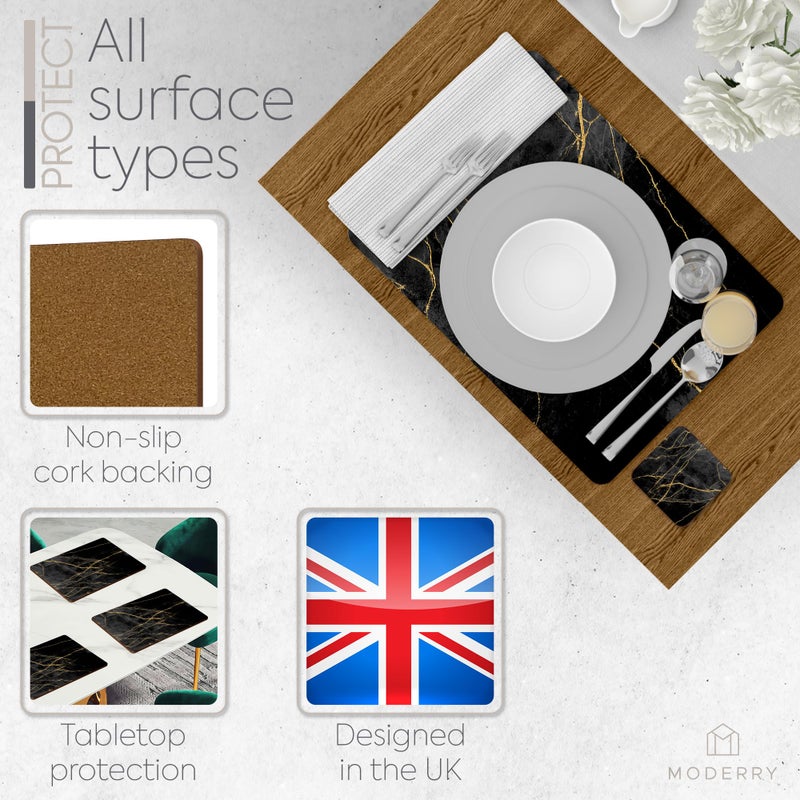 Moderry Set of 4 Heat Resistant Cork Placemats for Dining Table with Free Set of 4 Matching Drink Coasters Marble Design 16 x 12 Inches Cork Backed Hard Placemats (Black & Gold) - Image 5