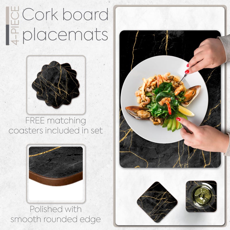 Moderry Set of 4 Heat Resistant Cork Placemats for Dining Table with Free Set of 4 Matching Drink Coasters Marble Design 16 x 12 Inches Cork Backed Hard Placemats (Black & Gold) - Image 4
