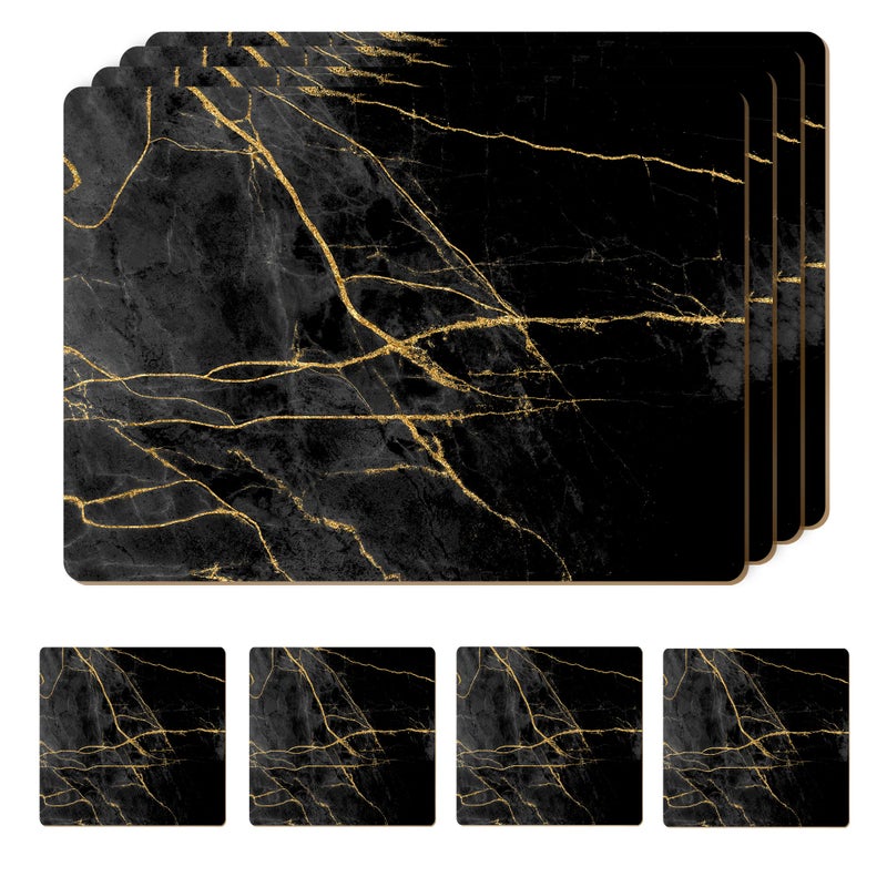 Moderry Set of 4 Heat Resistant Cork Placemats for Dining Table with Free Set of 4 Matching Drink Coasters Marble Design 16 x 12 Inches Cork Backed Hard Placemats (Black & Gold) - Image 1