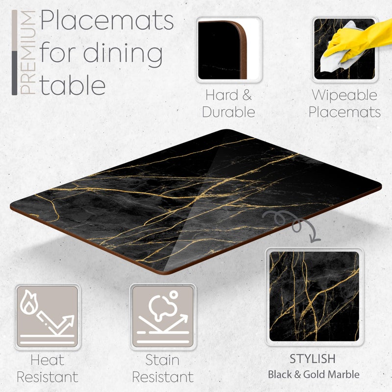 Moderry Set of 4 Heat Resistant Cork Placemats for Dining Table with Free Set of 4 Matching Drink Coasters Marble Design 16 x 12 Inches Cork Backed Hard Placemats (Black & Gold) - Image 2