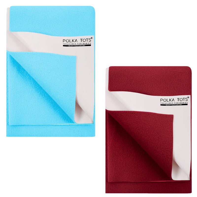 POLKA TOTS Waterproof & Reusable Baby Bed Protector Absorbent Mat Dry Sheet for New Born Infants, Pack of 2 (SkyBlue & Maroon, 70 X 100 CM, Medium) - Image 1