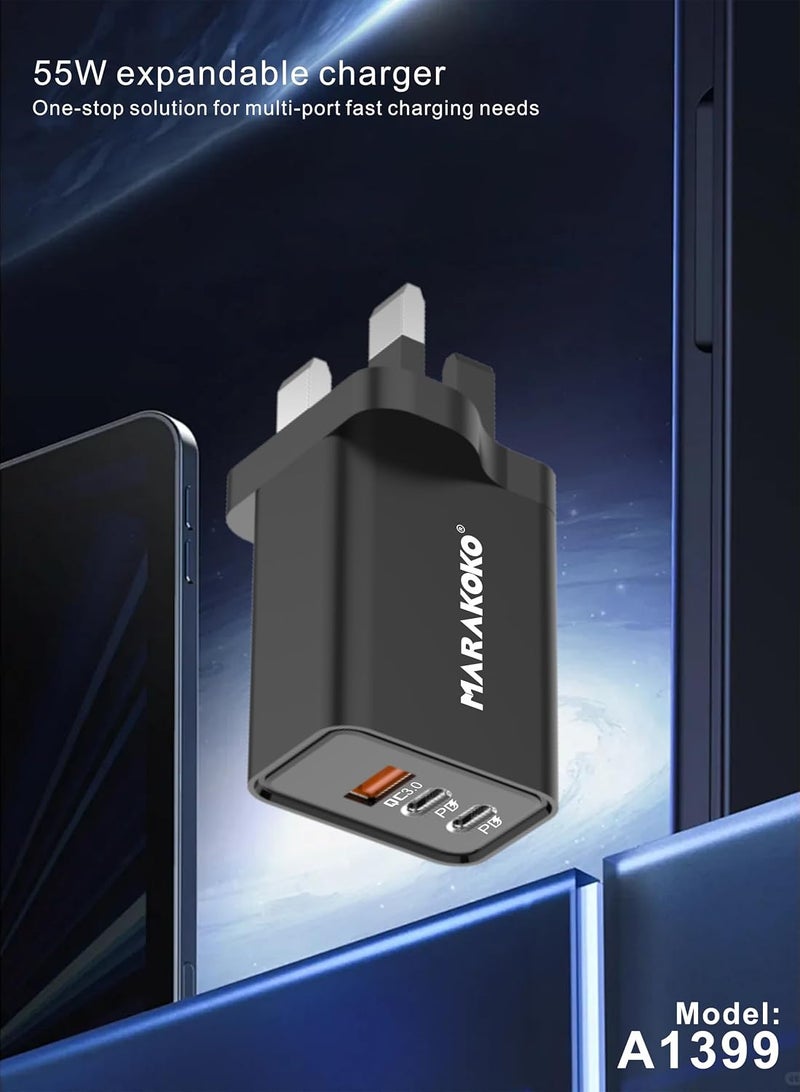 ماراكوكو رأس شاحن بقوة 55 واط، شاحن ثلاثي المنافذ (2 منفذ Type-C ومنفذ USB واحد). شواحن هواتف سريعة وآمنة، سماعات رأس، ساعات، أجهزة مودم. متوافق مع أجهزة iPhone وSamsung وHonor وغيرها من الأجهزة المدعومة. - Image 2
