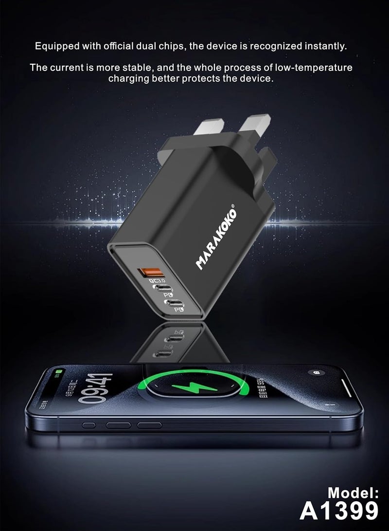 ماراكوكو رأس شاحن بقوة 55 واط، شاحن ثلاثي المنافذ (2 منفذ Type-C ومنفذ USB واحد). شواحن هواتف سريعة وآمنة، سماعات رأس، ساعات، أجهزة مودم. متوافق مع أجهزة iPhone وSamsung وHonor وغيرها من الأجهزة المدعومة. - Image 3