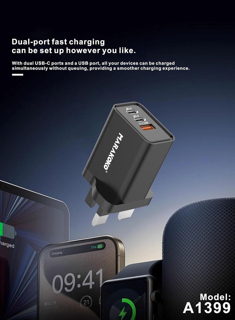 ماراكوكو رأس شاحن بقوة 55 واط، شاحن ثلاثي المنافذ (2 منفذ Type-C ومنفذ USB واحد). شواحن هواتف سريعة وآمنة، سماعات رأس، ساعات، أجهزة مودم. متوافق مع أجهزة iPhone وSamsung وHonor وغيرها من الأجهزة المدعومة. - Image 5
