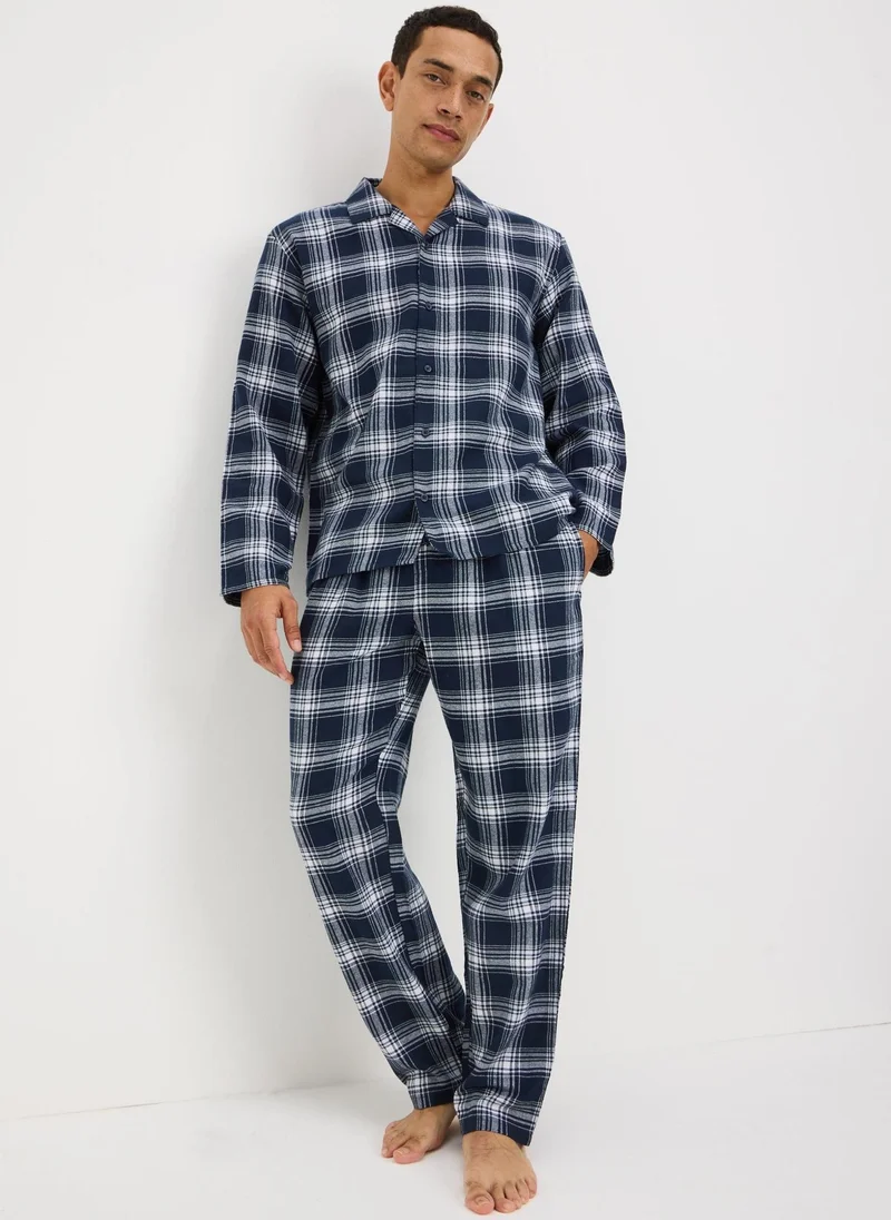 Matalan Navy Brushed Check Woven Pyjama Set