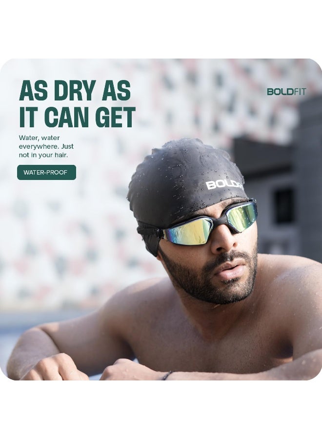 BOLDFIT قبعة سباحة للرجال قبعات سباحة سيليكون للنساء قبعة سباحة للجنسين للأولاد والبنات والأطفال قبعة سباحة للنساء ذوات الشعر الطويل قبعة رأس سباحة للرجال من قماش السيليكون، سهلة التركيب - سوداء - Image 2