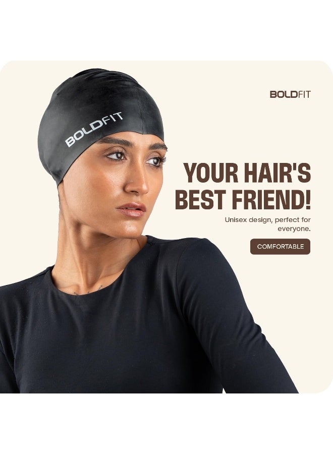 BOLDFIT قبعة سباحة للرجال قبعات سباحة سيليكون للنساء قبعة سباحة للجنسين للأولاد والبنات والأطفال قبعة سباحة للنساء ذوات الشعر الطويل قبعة رأس سباحة للرجال من قماش السيليكون، سهلة التركيب - سوداء - Image 3
