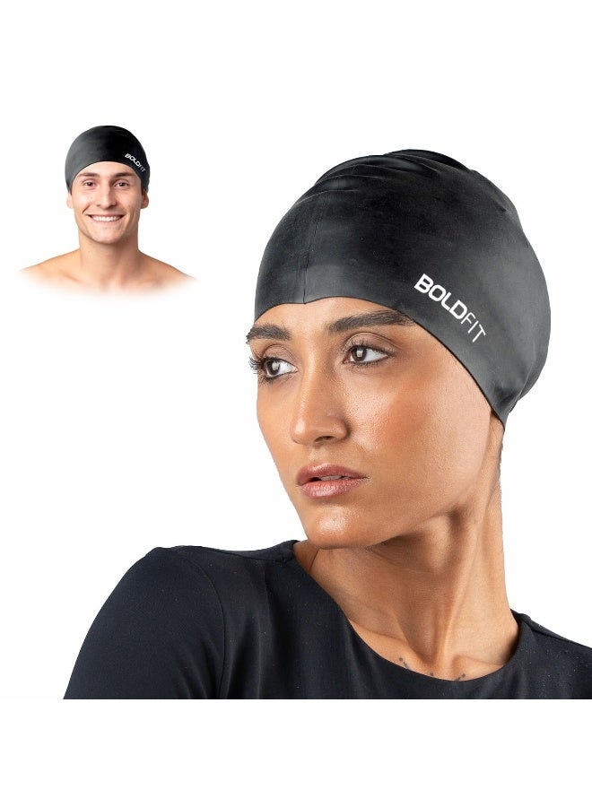 BOLDFIT قبعة سباحة للرجال قبعات سباحة سيليكون للنساء قبعة سباحة للجنسين للأولاد والبنات والأطفال قبعة سباحة للنساء ذوات الشعر الطويل قبعة رأس سباحة للرجال من قماش السيليكون، سهلة التركيب - سوداء - Image 1