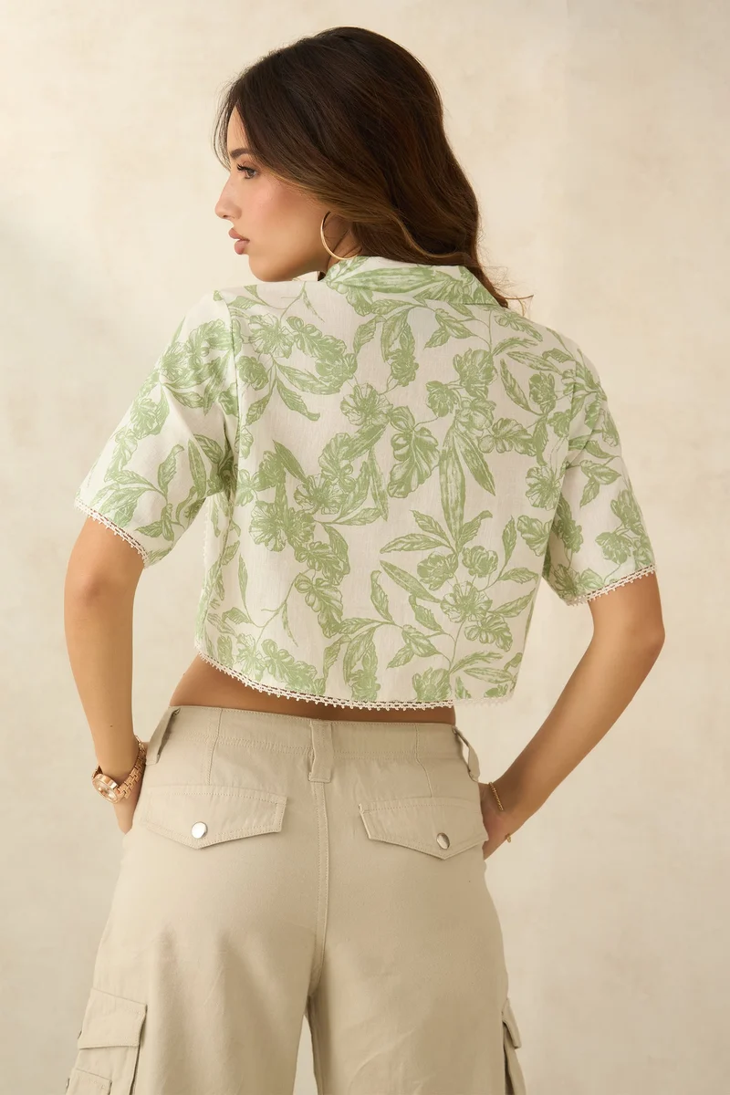 فيرجيو Linen Cropped Brunchwear Boxy Fit Lace Shirts for Women
