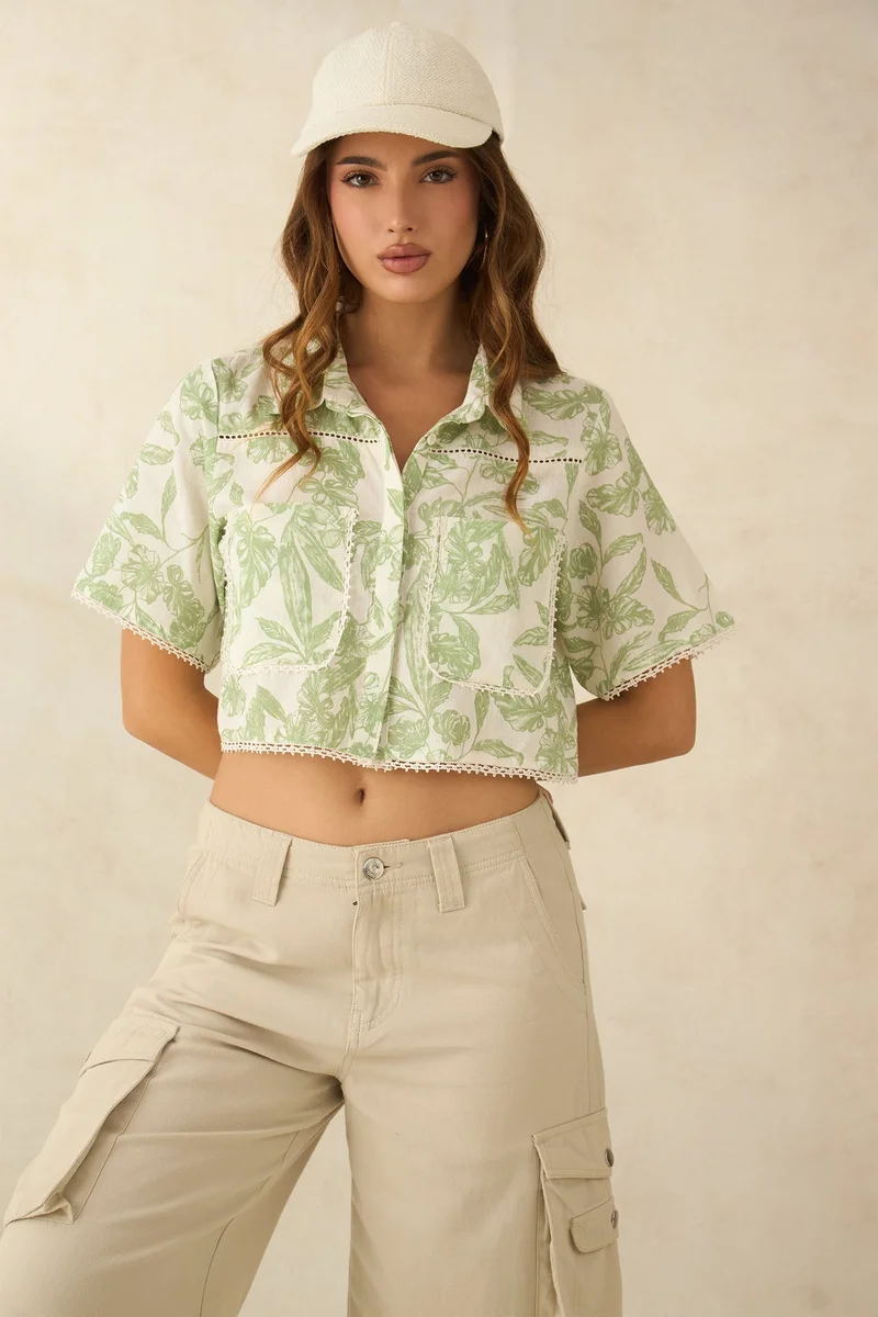 Virgio Linen Cropped Brunchwear Boxy Fit Lace Shirts for Women