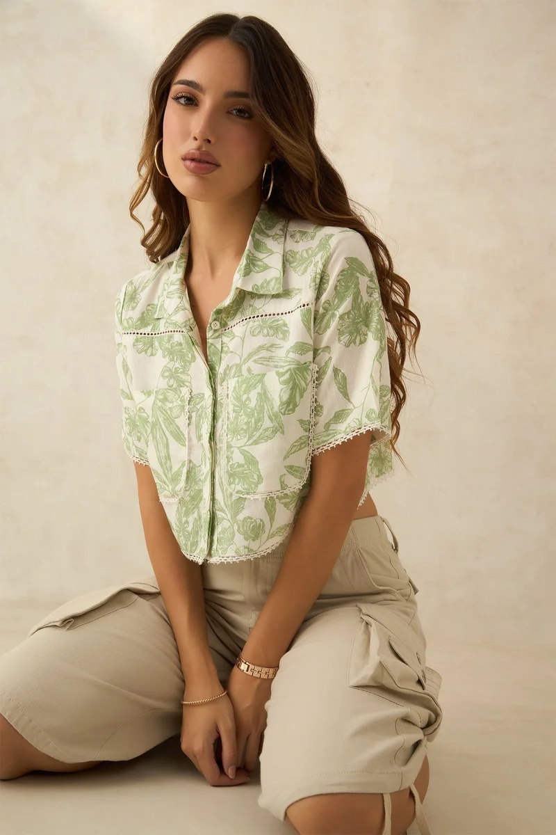 Virgio Linen Cropped Brunchwear Boxy Fit Lace Shirts for Women