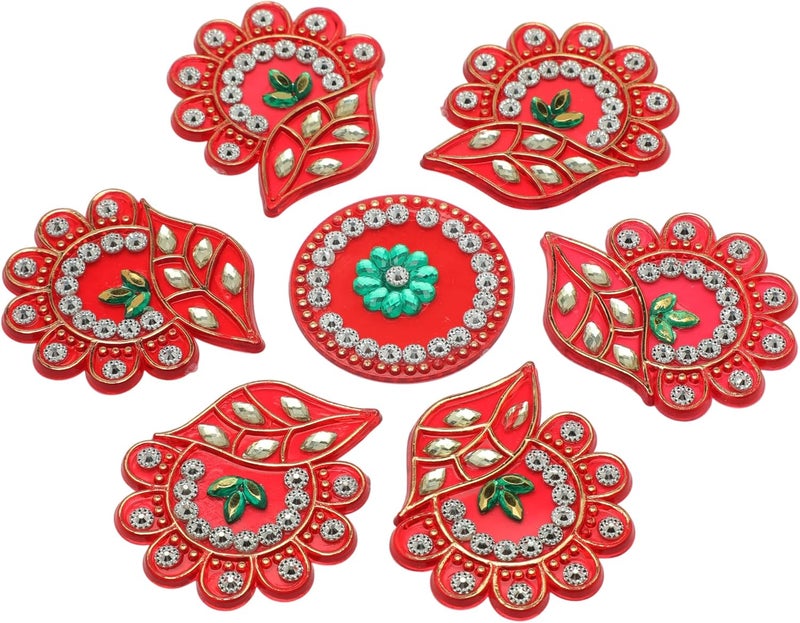 Aditri Creation Decorative Floor Rangoli Leaf Designer Reusable Small Acrylic Rangoli Indian Traditional Festival Laxmi Poojan New Year Decorations Home Decor for Home Interior Floor and Return Gifts(Size:-6")(Red) - Image 1
