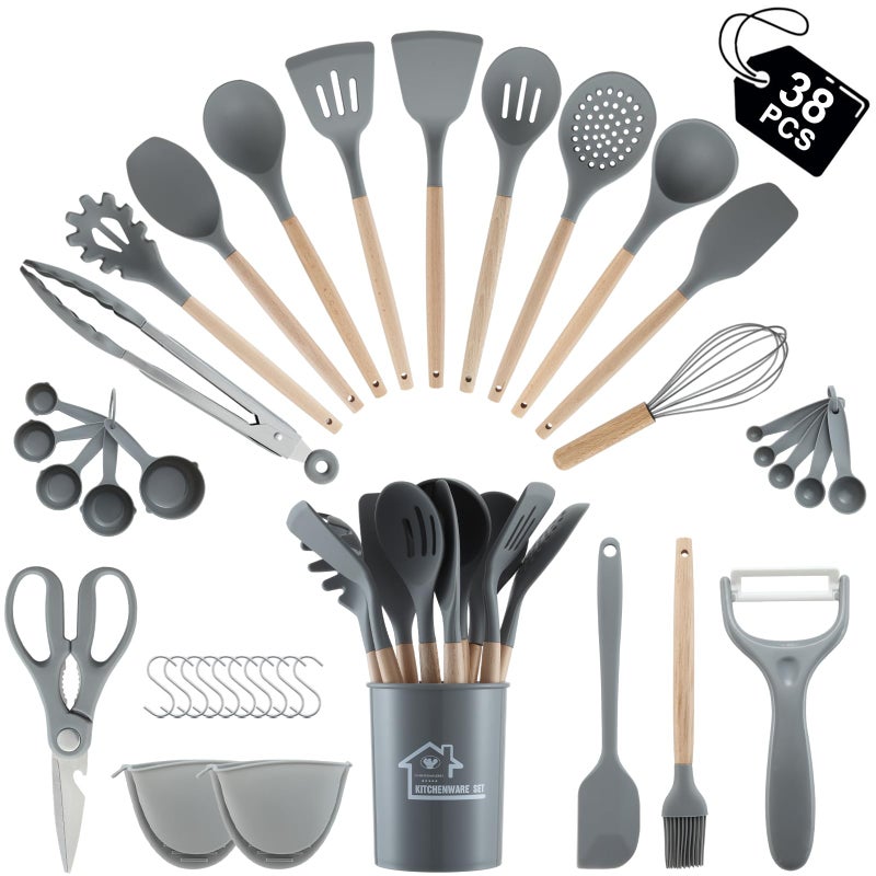 38 Pieces Kitchen Utensils Set BEWOS Silicone Cooking Utensils Set with Spatula Utensil Holder and Measuring Spoons Nonstick Heat Resistant Grey Kitchen Gadgets Wooden Handle