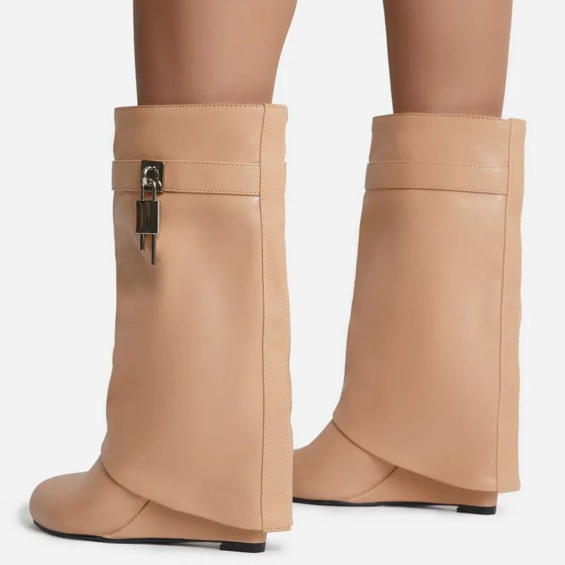 Retro Large Tube Pointed High Heel Metal Lock Wedge Pants Boots Plus Size Sleeve Catwalk High Boots - Image 1