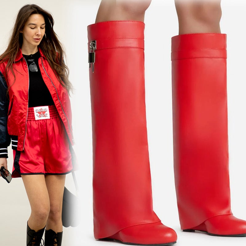 Retro Large Tube Pointed High Heel Metal Lock Wedge Pants Boots Plus Size Sleeve Catwalk High Boots - Image 4