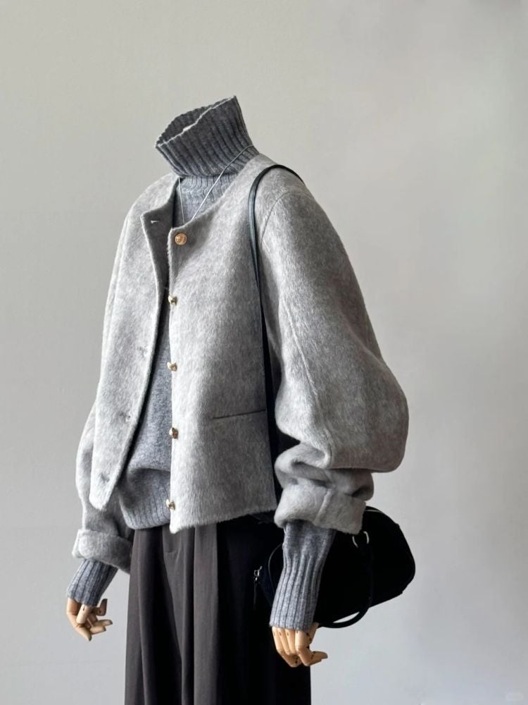 2024 Winter New Korean Style Ins Advanced Grey French Casual Loose Jacket Grey Base Shirt Two-Piece Set Coat ( 4010111 ）