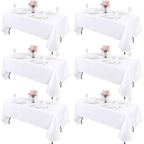 Kesfey 6 Packs White Table Cloths Rectangle 60 x102 inch High Density Washable Polyester Fabric White Tablecloths for 6 Foot Tables Rectangle Wrinkle Resistant Tablecloth for Parties Wedding Banquet