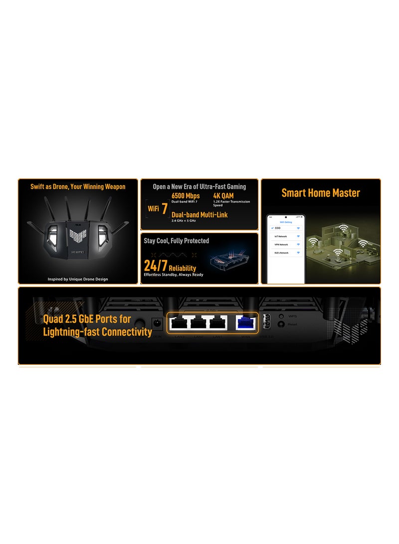 ASUS Tuf Gaming Be6500 Dual Band Wifi 7 Extendable Gaming Router, 4K-Qam, Multi Link Operation, Quad 2.5Gbe Ports, 3-Step Port Forwarding, Smart Home Master, Aimesh Support, And Aiprotection Pro For Network Security, 4G/5G Auto Mobile Tethering Black - Image 2
