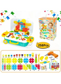 AlsayedP 258 Pcs Drill Toys Creative Mosaic Drill and Screwdriver Set for Kids Construction Building Blocks STEM Learning Kit with Car Shape Storage Box.  - Image 2