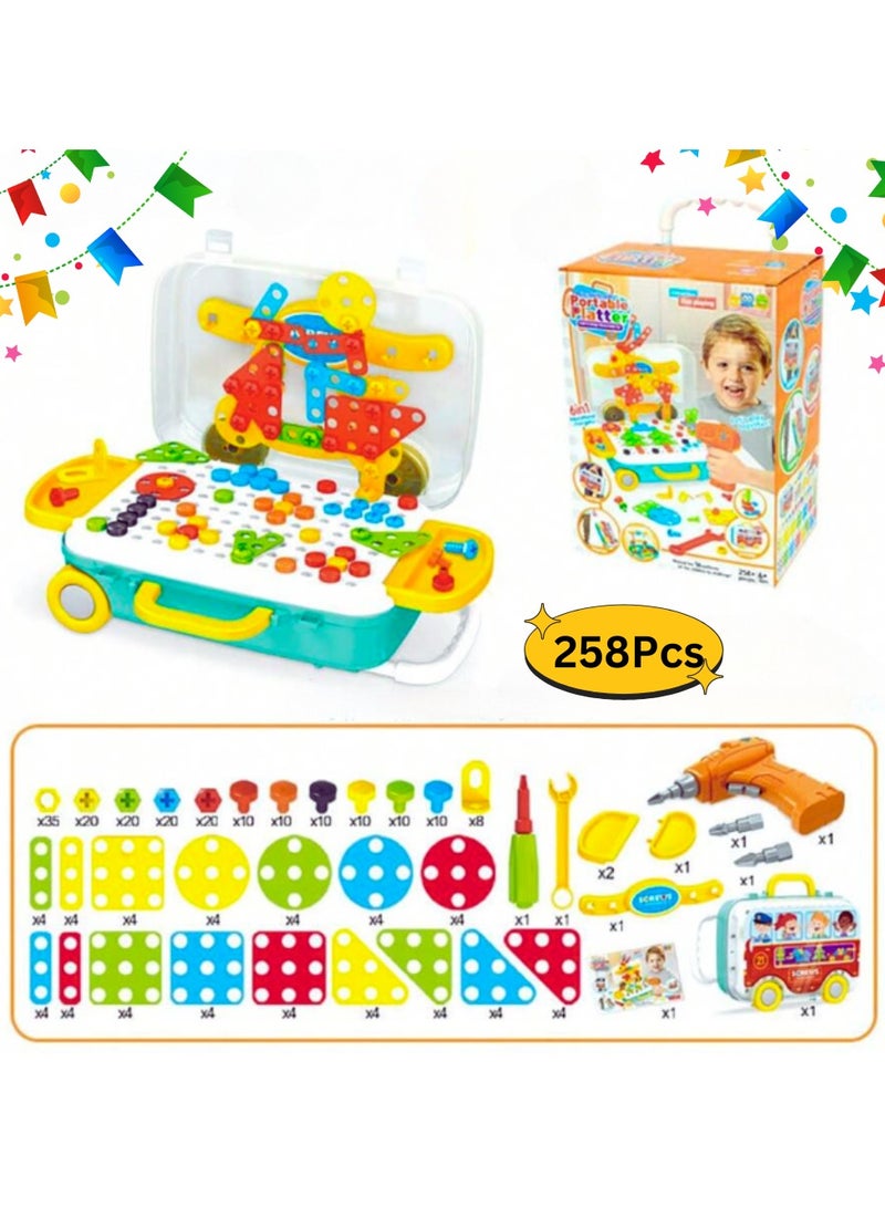258 Pcs Drill Toys Creative Mosaic Drill and Screwdriver Set for Kids Construction Building Blocks STEM Learning Kit with Car Shape Storage Box. - Image 2