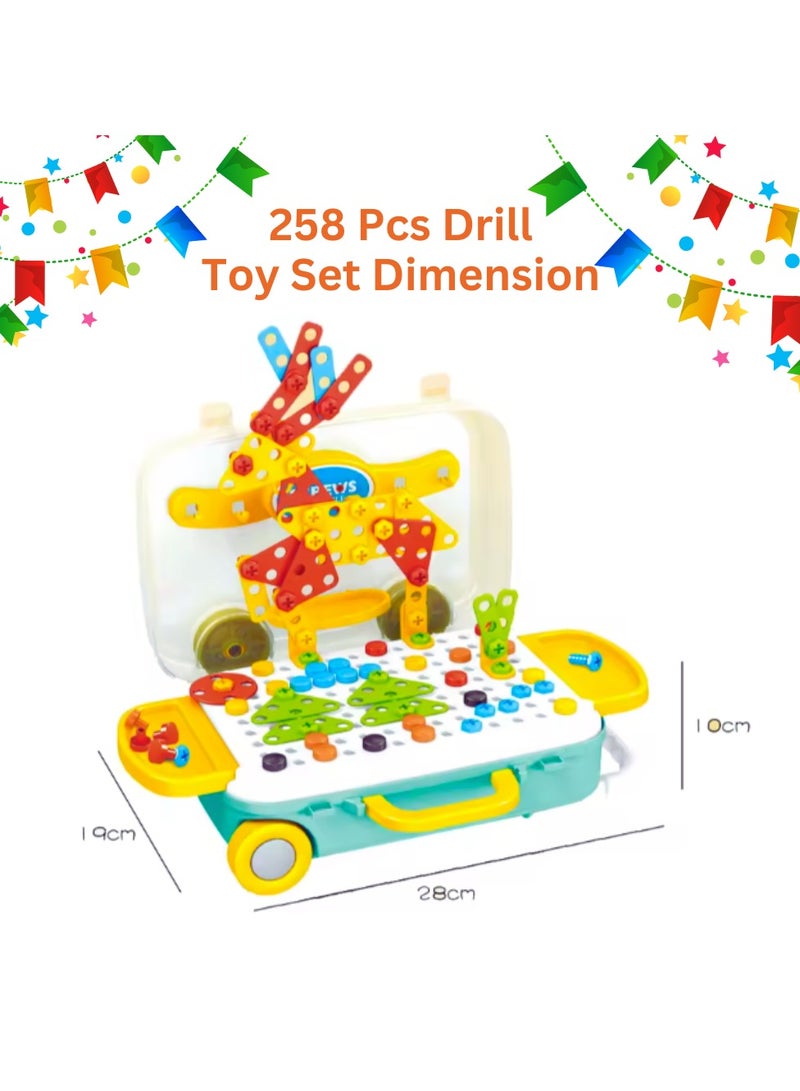 258 Pcs Drill Toys Creative Mosaic Drill and Screwdriver Set for Kids Construction Building Blocks STEM Learning Kit with Car Shape Storage Box. - Image 3