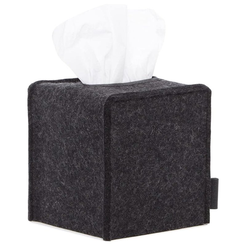Graf Lantz  Small Tissue Box Cover  Merino Wool Felt  Fits Standard Square Tissue Boxes  Vegetable Tanned Leather Trim  Tissue Box Holder  Luxury Home Decor  USA Made  5 x 5x 5 Charcoal