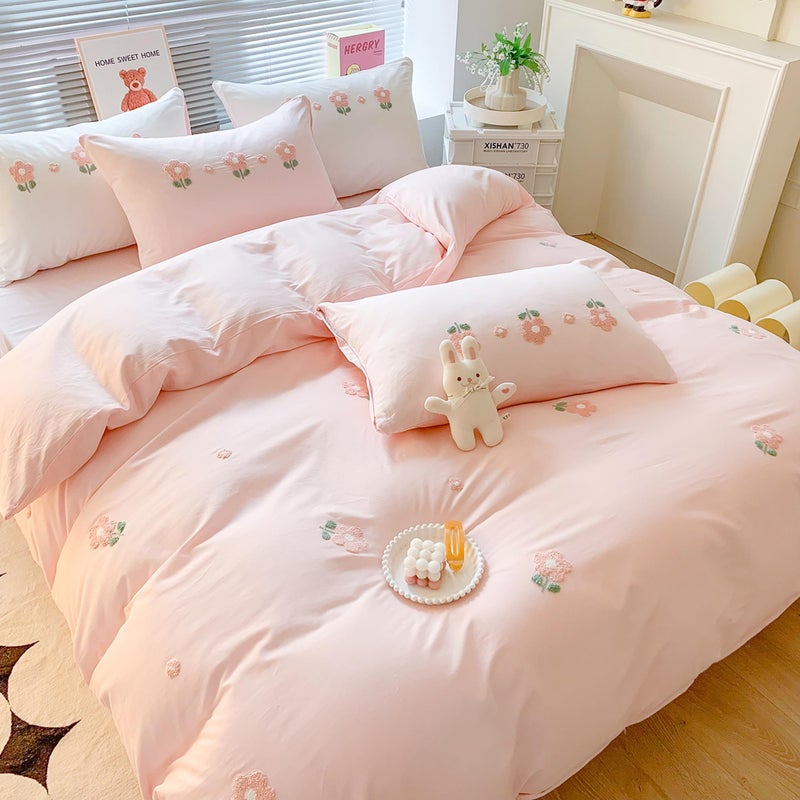 MorroMorn Twin Duvet Cover Cotton, 3D Embroidery Twin Bedding Sets Pink Bed Set, Fluffy Chenille Embroidered Comforter Covers Soft Sweat-Absorbing for Girls Kids Teen (Flowers Pink, Twin/Twin XL) - Image 1