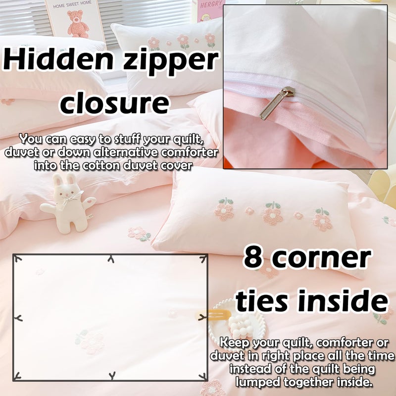MorroMorn Twin Duvet Cover Cotton, 3D Embroidery Twin Bedding Sets Pink Bed Set, Fluffy Chenille Embroidered Comforter Covers Soft Sweat-Absorbing for Girls Kids Teen (Flowers Pink, Twin/Twin XL) - Image 4