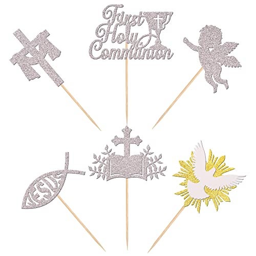 Rsstarxi 24 Pack First Holy Communion Cupcake Toppers Cross Dove Angel God Bless Cupcake Picks Christian Baptism Cake Decorations for First Communion Baby Shower Birthday Party Supplies Silver - Image 3