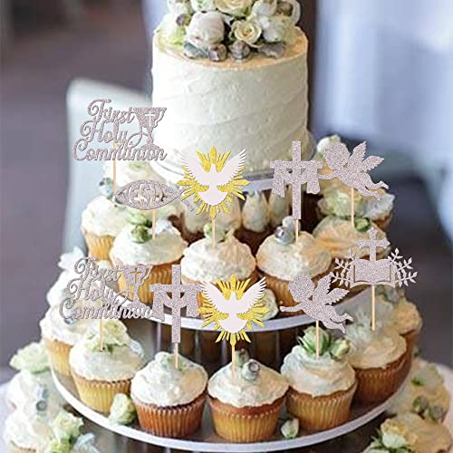 Rsstarxi 24 Pack First Holy Communion Cupcake Toppers Cross Dove Angel God Bless Cupcake Picks Christian Baptism Cake Decorations for First Communion Baby Shower Birthday Party Supplies Silver - Image 5