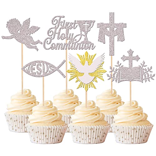 Rsstarxi 24 Pack First Holy Communion Cupcake Toppers Cross Dove Angel God Bless Cupcake Picks Christian Baptism Cake Decorations for First Communion Baby Shower Birthday Party Supplies Silver - Image 1