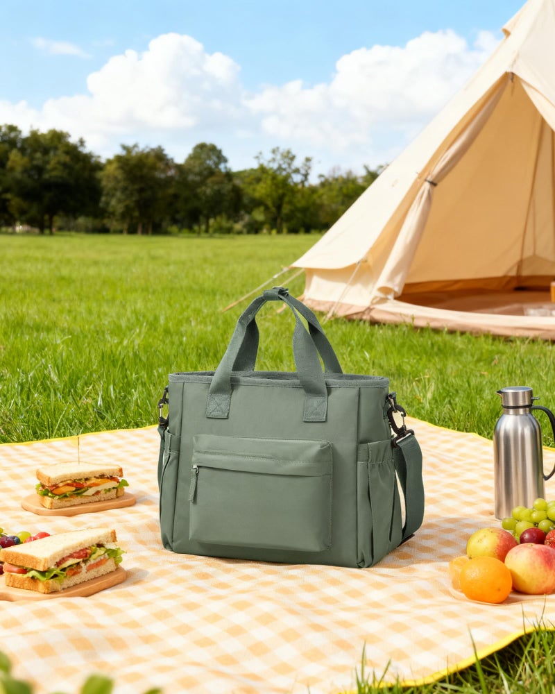 UPPACK Insulated Lunch Bag Women Large Lunch Tote Bag Box Bags Boxes with Shoulder Strap Adult for Women Men Work Grey Green with Water Bottle Holder - Image 2