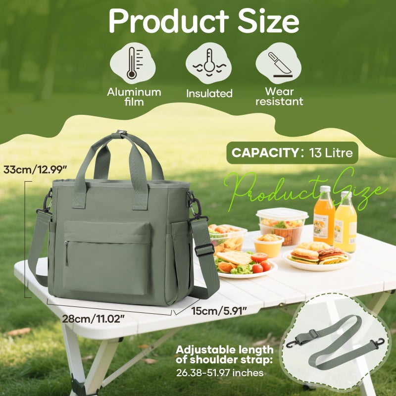 UPPACK Insulated Lunch Bag Women Large Lunch Tote Bag Box Bags Boxes with Shoulder Strap Adult for Women Men Work Grey Green with Water Bottle Holder - Image 3